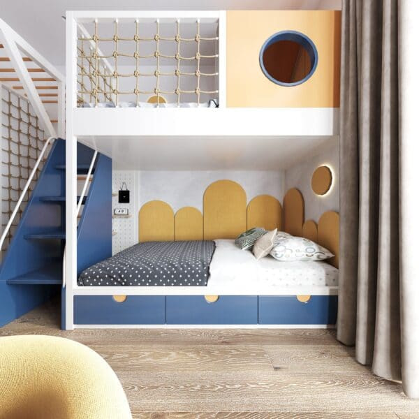 Mẫu phòng ngủ cho 2 bé với giường tầng gam màu cam - xanh kết hợp mảng dây thừng vui chơi cho bé